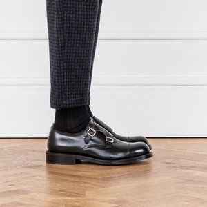 GRENSON Black Double Monk Strap Leather Loafers